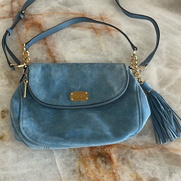 MICHAEL KORS BLUE SUEDE SADDLE BAG TWO HANDLES - Picture 1 of 14